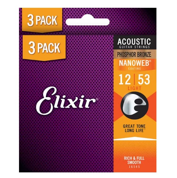 Elixir アコースティックギター弦 2セット分のお値段で3セット入ってる! NANOWEB Phosphor Light (.012-.053) 3セットボーナスパック