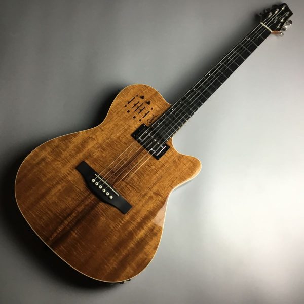 Godin A6 ULTRA Extreme Koa H<br />
￥ 374,000 税込<br />
エレキプレイヤーに弾きやすさとアコースティックトーンをもたらす幅1.72″ (43.688 mm)のネックに.012 -.052弦を初期搭載したピエゾとマグネティックサウンドのブレンドが可能なモデルです。美しいコアの杢目が特徴！