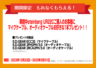 対象期間中、以下の商品をご購入でお好きなケーブルを一本プレゼント！ ライブ活動では欠かせないアイテムをゲットしましょう！ ※商品・プレゼント品は後日お渡しになる場合がございます。 CONTENTS対象期間対象商品特典　※いずれか一本お問い合わせ直方店SNS対象期間 2022年12月23日～2023年 […]