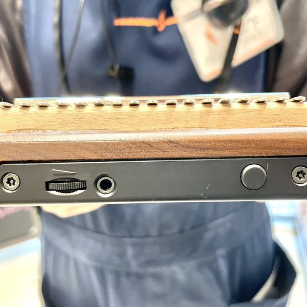 背面にはボリュームつまみとアウトプット端子、電源スイッチが配置されています。