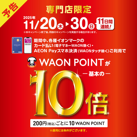 【WAONポイント10倍キャンペーン】<br />
2025年11月20日(木)～11月30日(日)