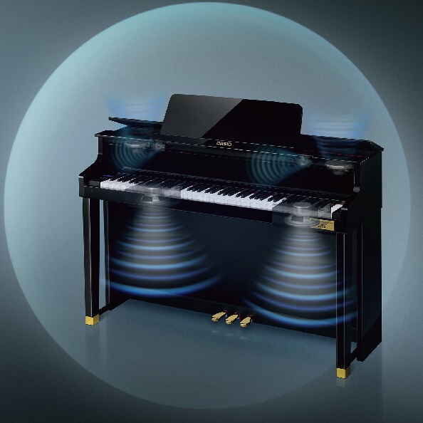 スピーカー位置や臨場感のある音響にこだわったグランドアコースティックシステムを搭載。グランドピアノの音の響きを追求した、自然で、深みと拡がりのある立体的な響き。