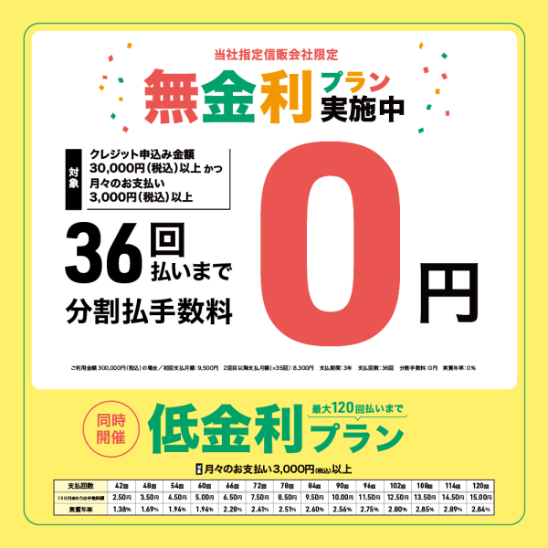 36回払いまでは無金利、42～120回払いは低金利でお求めいただけます