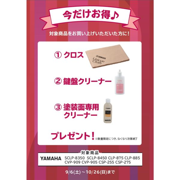 ①クロス ②鍵盤クリーナー ③塗装面専用クリーナー プレゼント