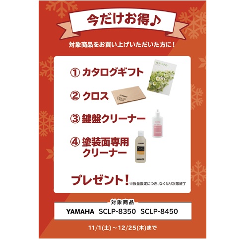 ①カタログギフト ②クロス ③鍵盤クリーナー ④塗装面専用クリーナー プレゼント