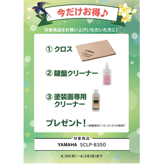 ①密閉型オンイヤーヘッドホン ②クロス ③鍵盤クリーナー ④塗装面専用クリーナー プレゼント