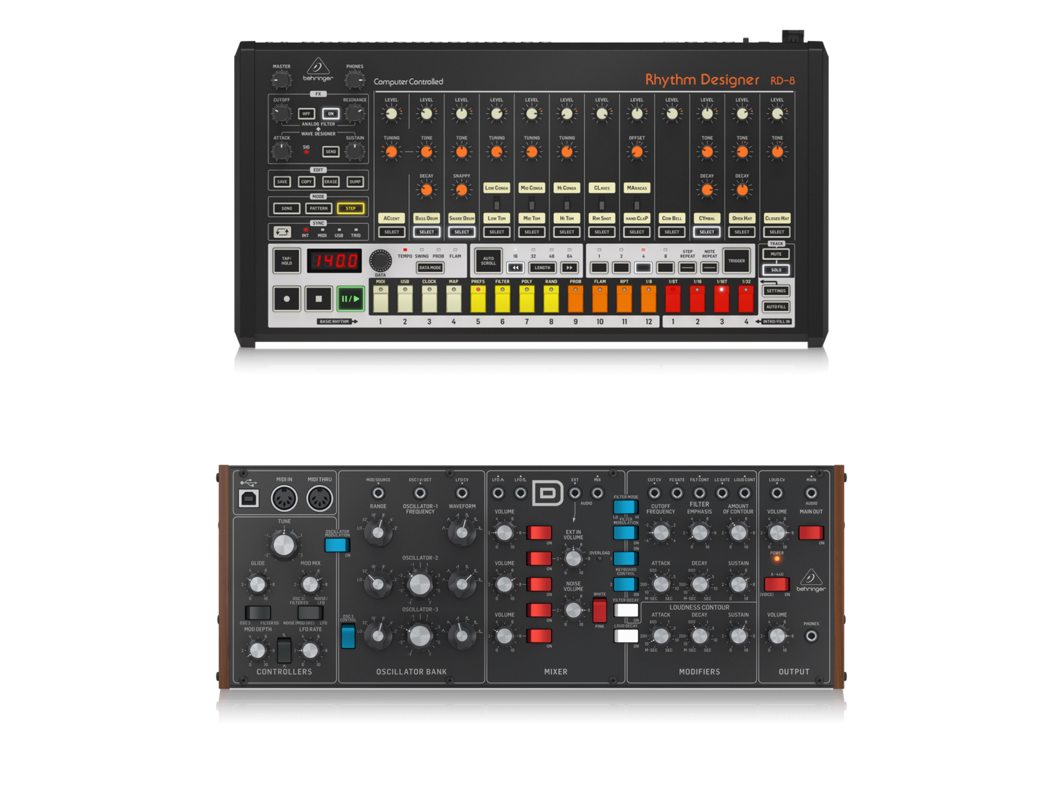 【Behringer】アナログ再熱!!!名機のクローンモデル！ドラムマシンRD-8、シンセサイザーMODEL D近日入荷予定!!!