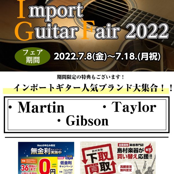 インポートギター(Martin・Gibson・Taylor)フェア開催！【7/8(金)～7/18(月祝)】<br />
