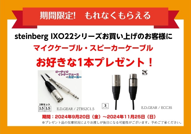 11月25日（日）までに『steinberg IXO22』をご購入の方へ、オーディオケーブルもしくはマイクケーブルをプレゼント中！ これから宅録を始める方へおすすめのキャンペーンとなっておりますので、是非ともご活用くださいませ。 CONTENTS対象製品特典商品対象製品 特典商品