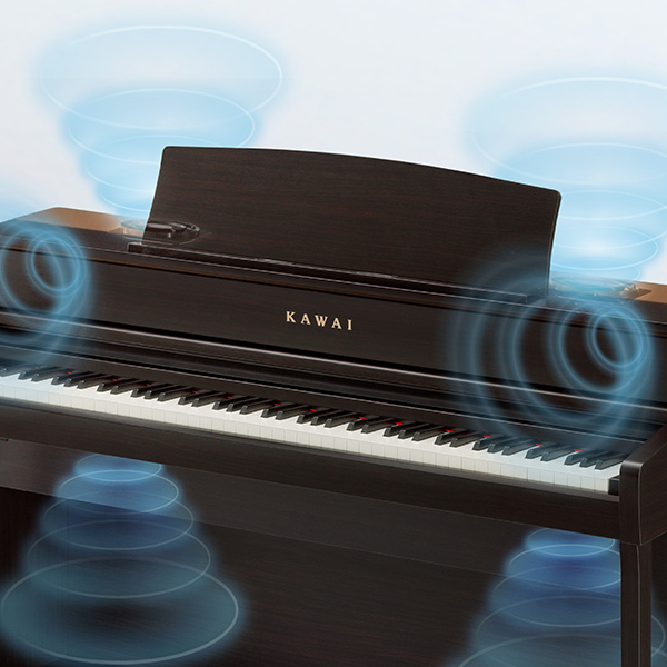 Grand Feel Speaker System FULL<br />
<br />
響板の音の広がりや密度を再現する<br />
ディフュージングスピーカーを中心に<br />
6つのスピーカーを搭載。<br />
グランドピアノの豊かな音を再現しました。<br />
<br />
対象機種：CA701、CA901、SCA901