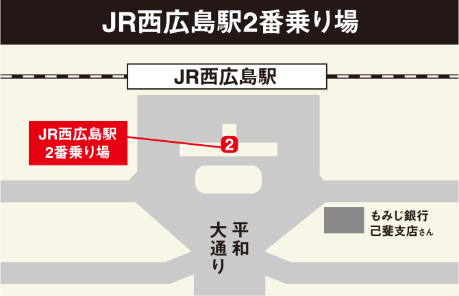 「JR西広島駅 バス停 2番のりば」バイパス・田方経由|*己斐峠(広電己斐峠団地)経由 片道運賃：280円<br />約20～25分<br />約2本/時間|片道運賃：280円<br />約20～25分<br />約3,4本/時間 