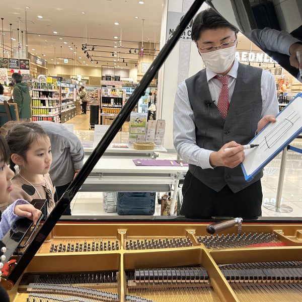 ハンマーが3本の弦にあたる解説と、3本同じ音になるように調律します