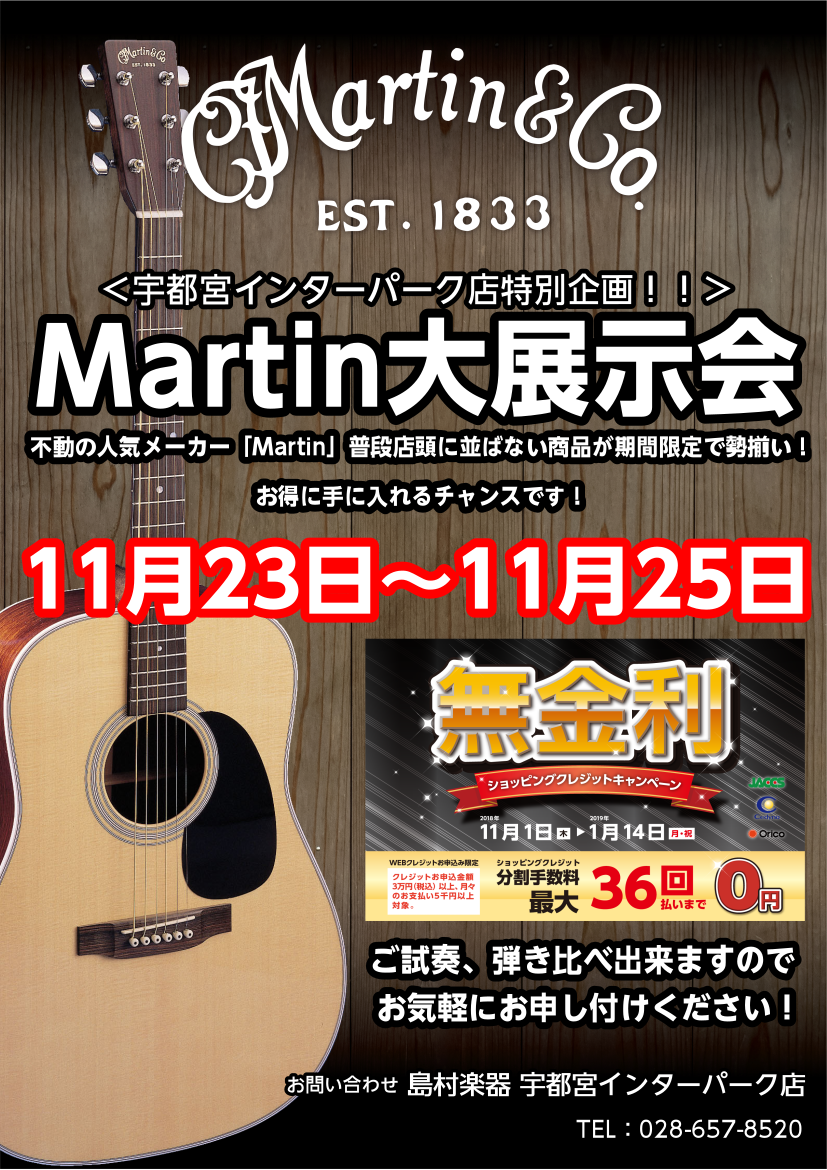 *マーチンギターフェア3日間限定で開催中！ 普段中々、店頭に並ばない貴重な貴重なギターがフェアにやってきます！]]ギター好きからはじめての方まで皆さんが楽しめるギターフェア！]]是非、気軽に遊びに来てください♪ [!!素敵なマーティンギターがたくさん揃いました。!!] |*フェア期間|11月23日（ […]