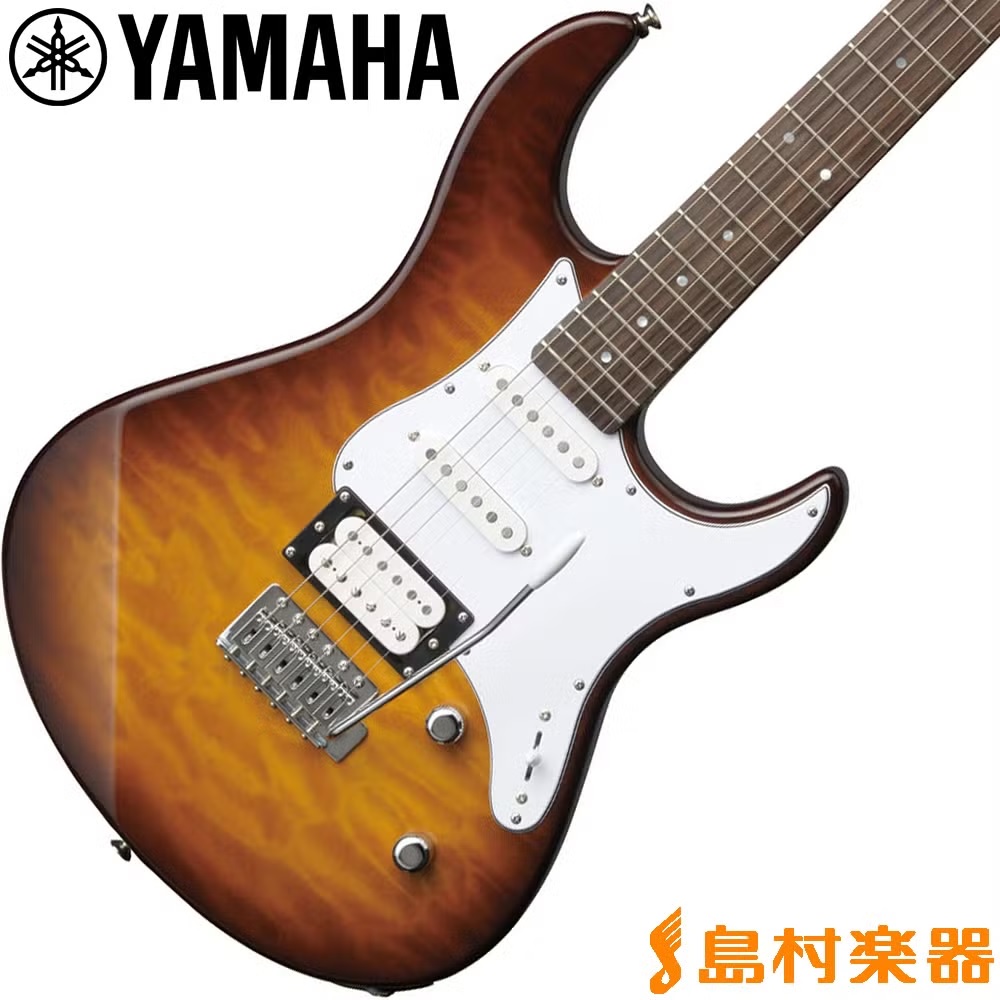 YAMAHA・PACIFICA212VQM TBS
￥44,000（税込）
ボディトップとヘッドストックに美しいキルテッドメイプルを配した個性的で高級感あふれるモデル。
