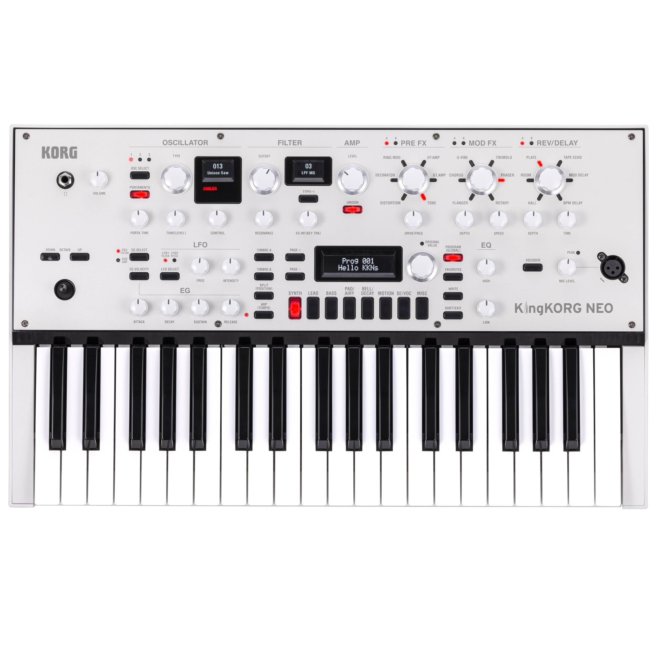 【KingKORG NEO】

KingKORGがリニューアルして復活！
初代同様のバーチャルアナログ音源「XMT音源」を備え、16バンドのボコーダーを採用した37鍵盤シンセサイザー
