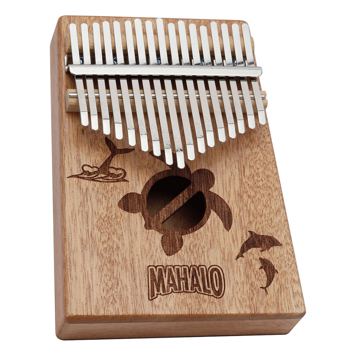  マハロ　/　M-KALIMBA MRI

ハワイの海をイメージしたマリン柄の彫刻が美しい、視覚的にも癒やしを与えてくれるお洒落なカリンバです。
軽量なトレモロブロック構造を採用しており、クリアな高音と豊かな響きを誰でも手軽に奏でることができます。

4,950円（税込)