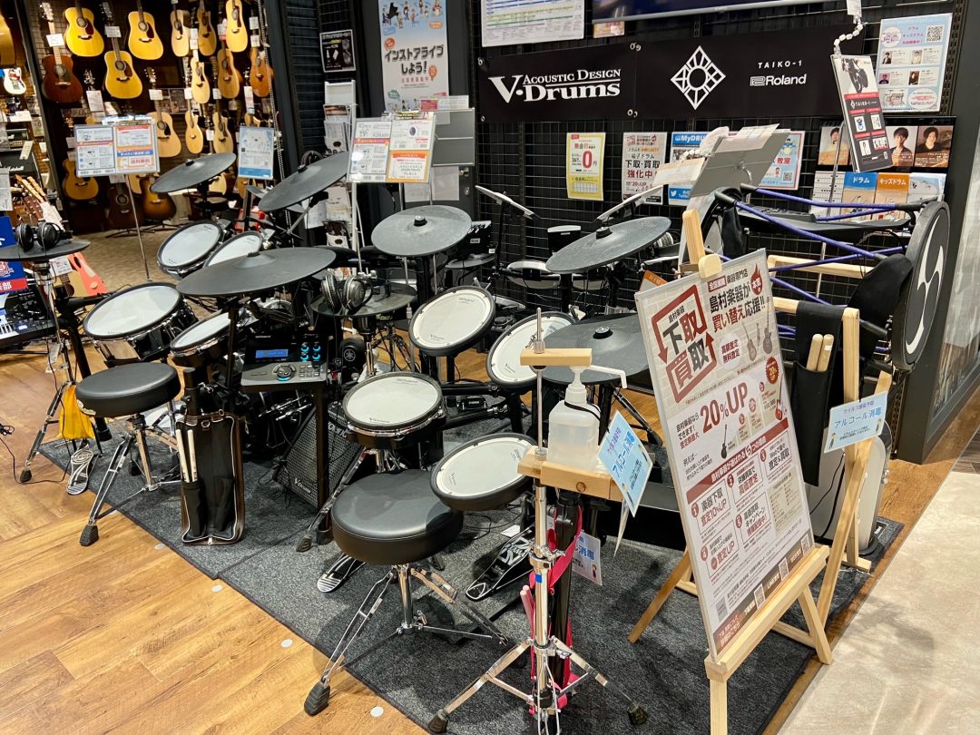電子ドラム、電子和太鼓は店頭入口でいつでもお試しOK
