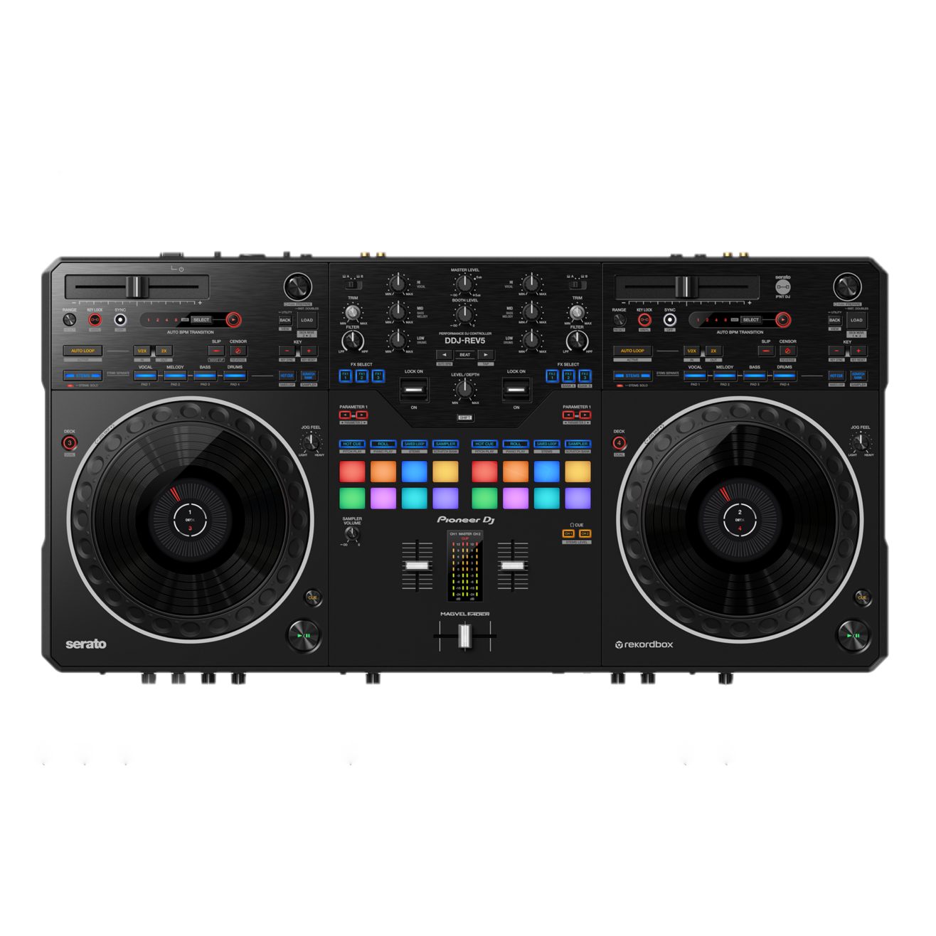 Pioneer DJ DDJ-REV5
スクラッチプレイ重視のバトルDJに特化した「REVシリーズ」のスタンダードモデル
大型ジョグ搭載で、よりダイナミックなプレイングが可能！サポート機能も充実