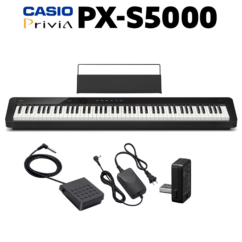 グランドピアノと同じような本格的な演奏を楽しめるスマートハイブリッドハンマーアクション鍵盤が搭載。スリムなボディに高品位なピアノ性能を凝縮されたモデル。CASIO PX-S5000