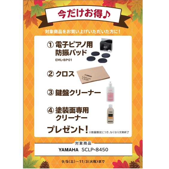 フェア特典「電子ピアノ用防振パッド、ピアノクロス＆鍵盤楽器クリーナー＆塗装面専用クリーナー」プレゼント