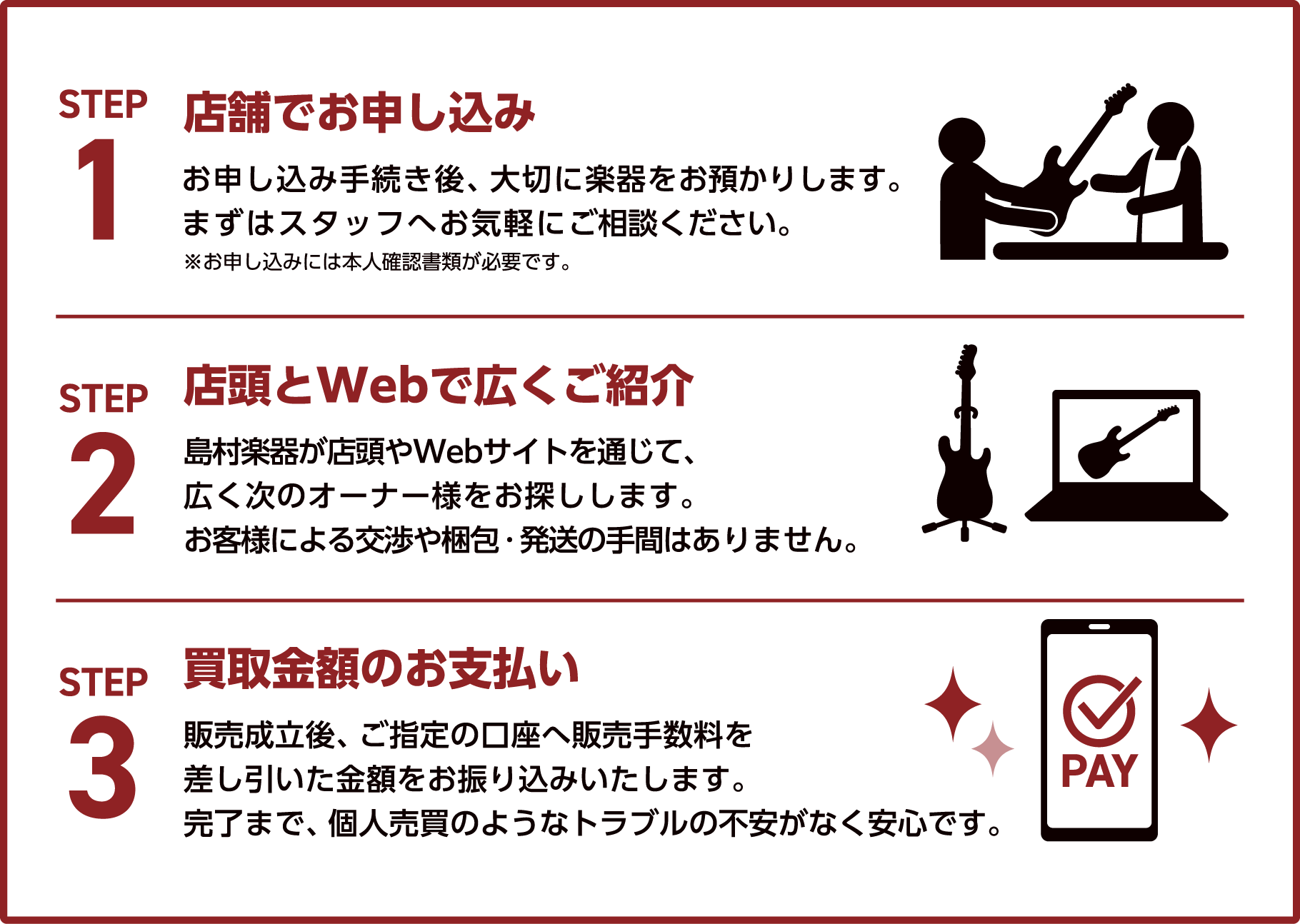 STEP1 店舗でお申し込み お申し込み手続き後、大切に楽器をお預かりします。まずはスタッフへお気軽にご相談ください。※お申し込みには本人確認書類が必要です。 STEP2 店頭とWebで広くご紹介 島村楽器が店頭やWebサイトを通じて、広く次のオーナー様をお探しします。お客様による交渉や梱包・発送の手間はありません。 STEP3 買取金額のお支払い 売成立後、ご指定の口座へ販売手数料を差し引いた金額をお振り込みいたします。完了まで、個人売買のようなトラブルの不安がなく安心です。